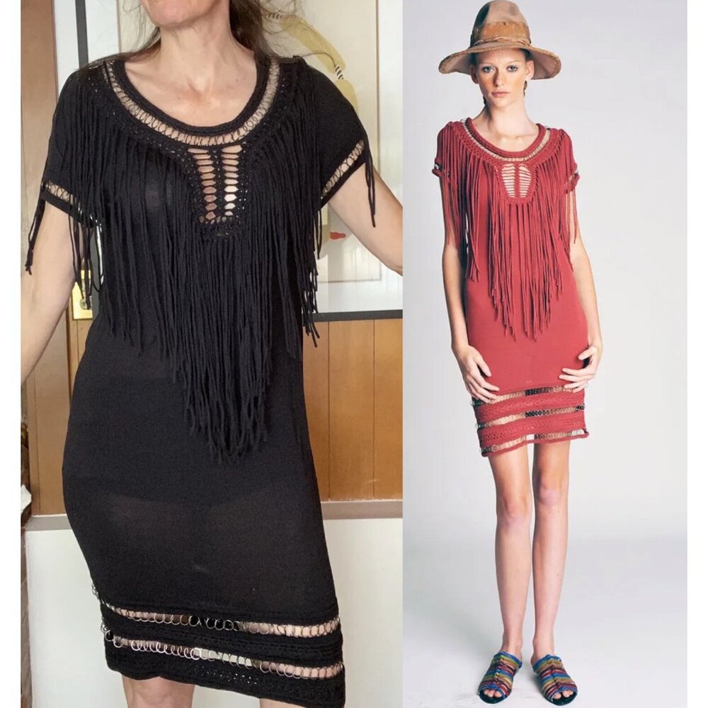 MALANDRINO Fringe & metal Chain Dress 46 10 8 beach cover up Catherine black